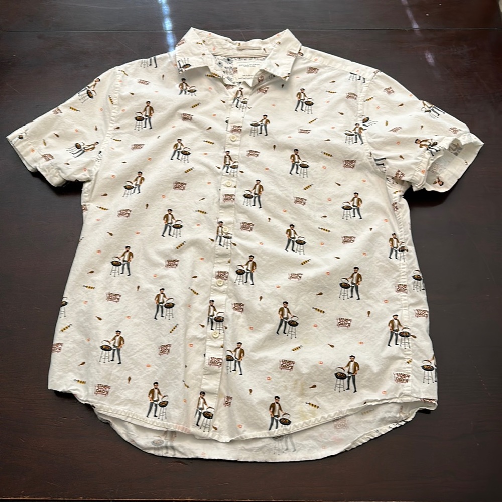 Denim and flower “stand back dad’s grilling” button up XL